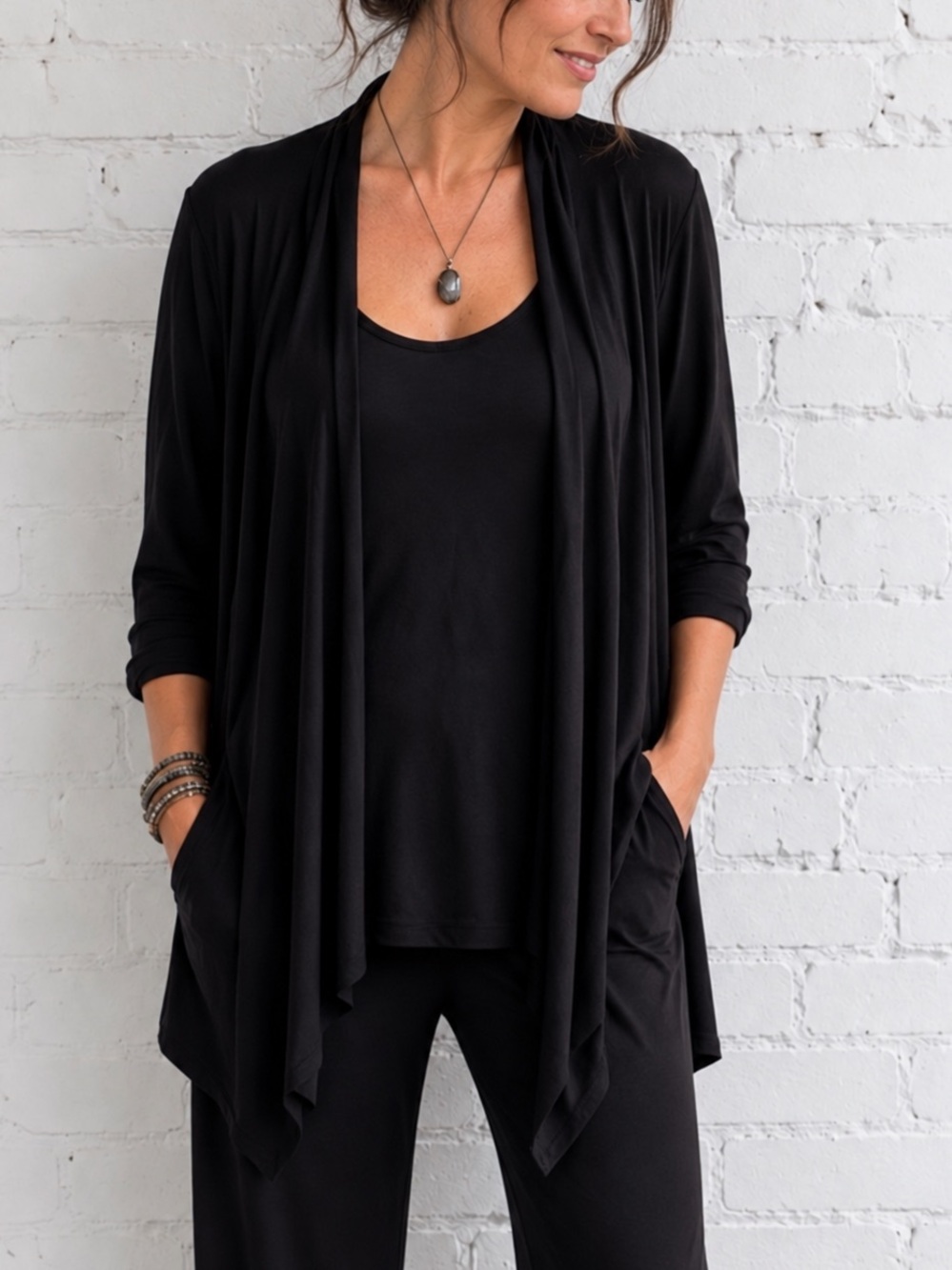 Soma Black Layered Tunic L Draped Waterfall Cardigan 2 in 1 Knit Top Lagenlook